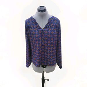 Skies Are Blue | Blue Gold Red Pattern Lon Sleeve Blouse Size Petite Small